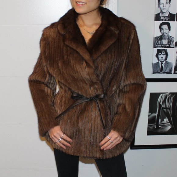 CORDED MINK FUR JACKET WITH LEATHER CINCH BELT - Picture 2 of 10